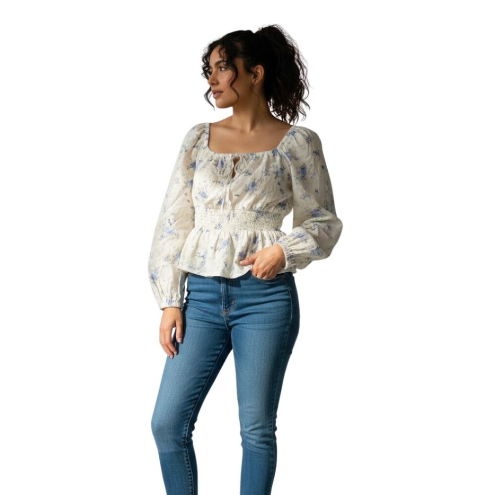 Velvet Heart Women’s Floral Smocked Peplum Blouse Blue‎ Cream Boho – Size XL